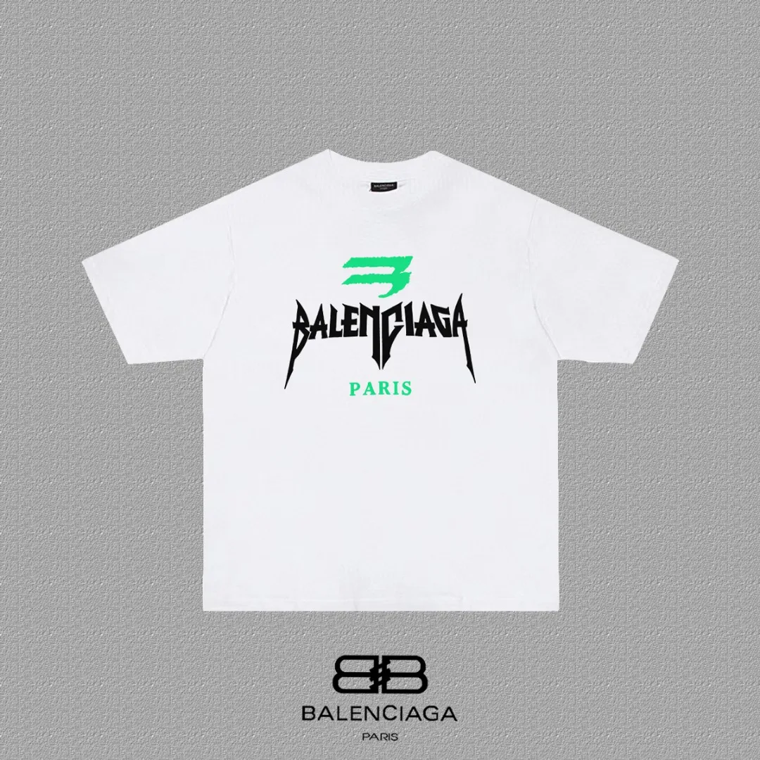 P80✨🔥 BALENCIAGA Paris lettering printed short-sleeved T-shirt, custom-woven and dyed 280g combed cotton heavyweight fabric, zero color difference in thread, perfect details, different from the current version on the market, welcome to compare, Same Style for men and women, must-sell in the picture above Color: White Black Size: 1 2 3 4